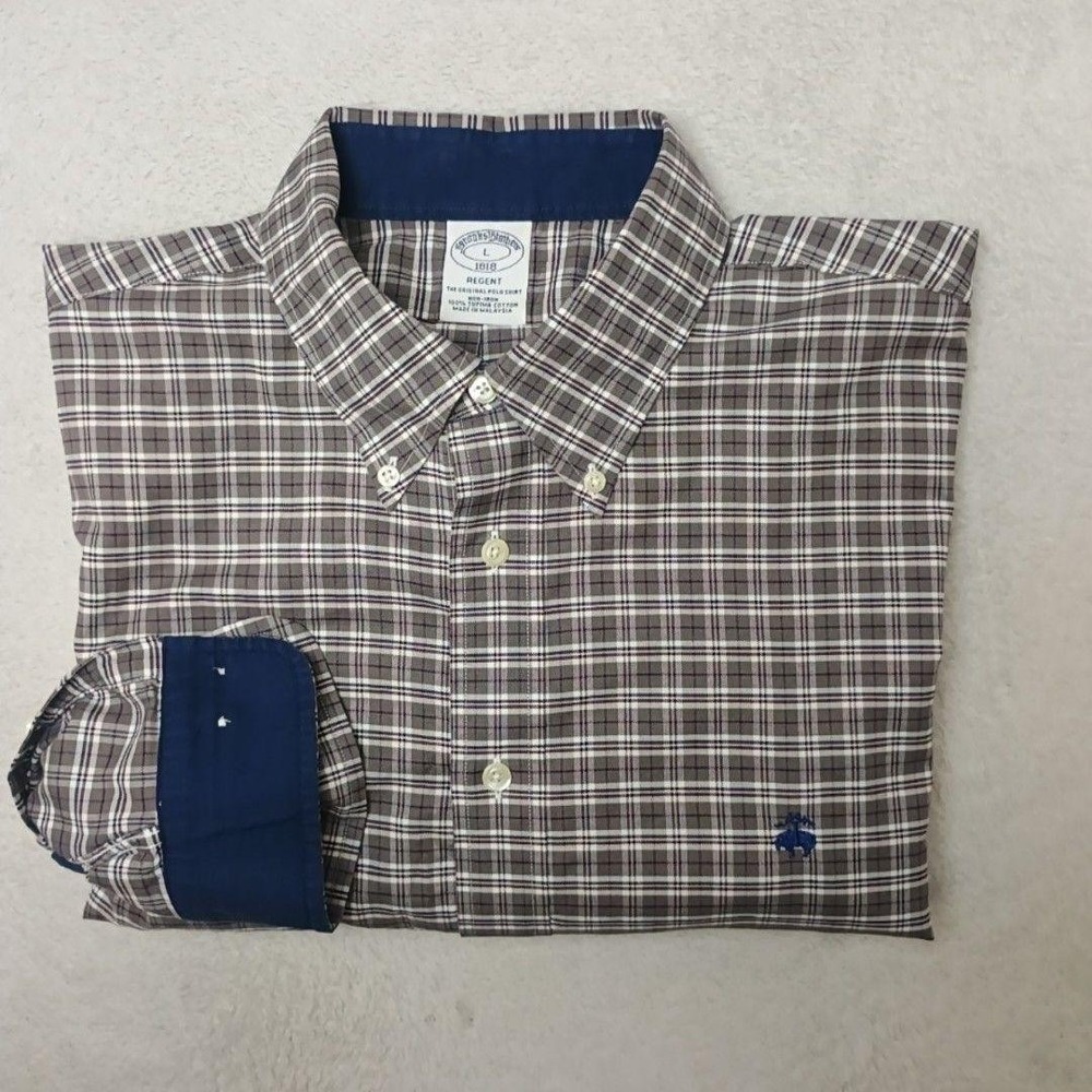 Brooks Brothers Shirt Mens L Brown Plaid Oxford Button-Up Regent Flip Cuff OCBD